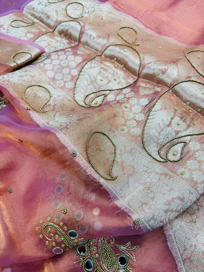 Pure Banarasi Tissue Mirror Work Embroidery Saree