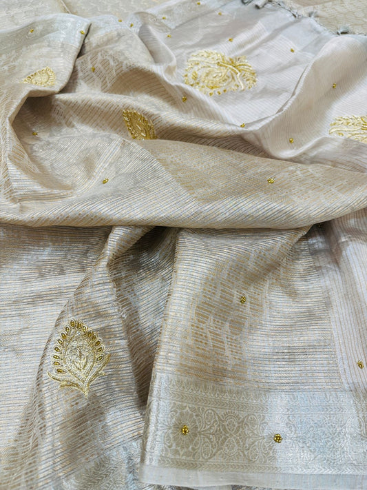 Pure Banarasi Molted Tissue Silk Hand Embroidery