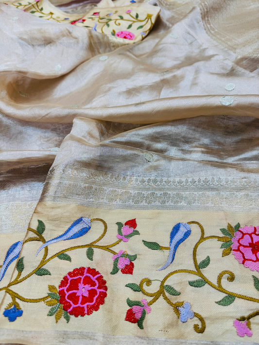 Pure Banarasi Tissue Silk Satin Border Embroidery Saree