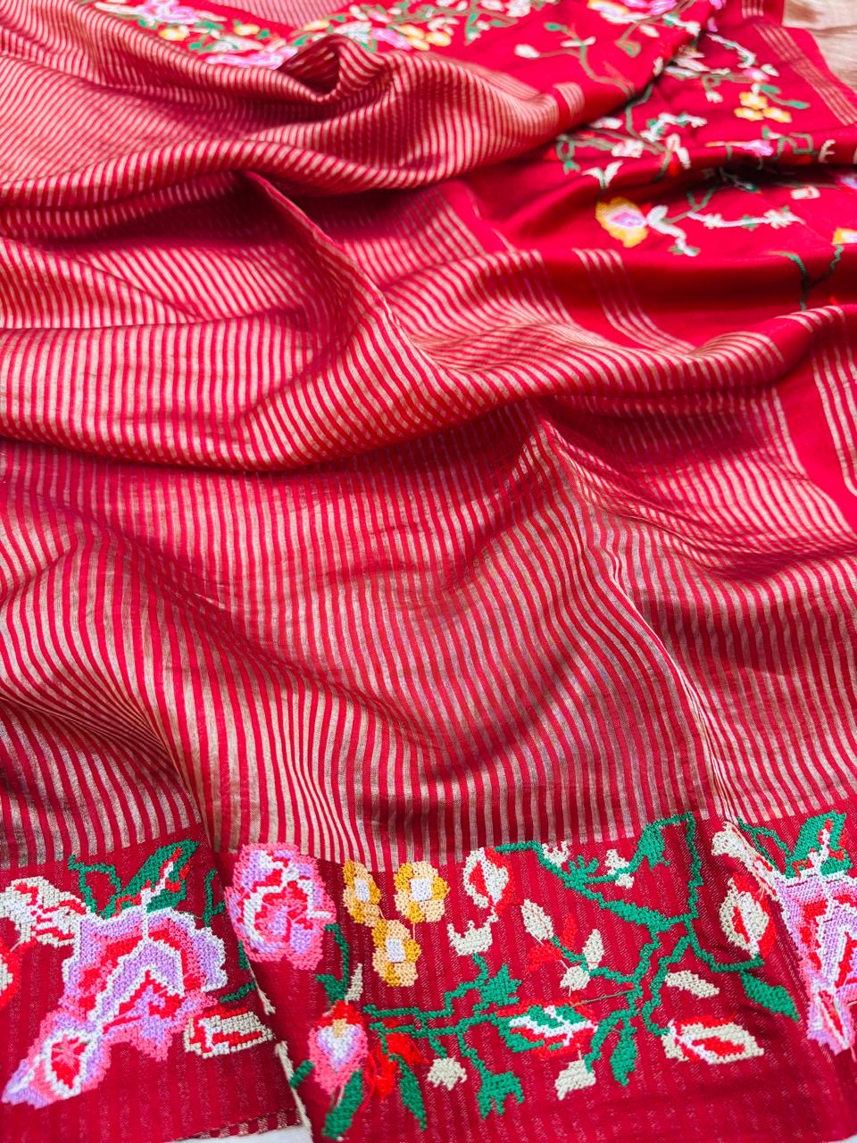 Tissue Stripe Embroidery Saree