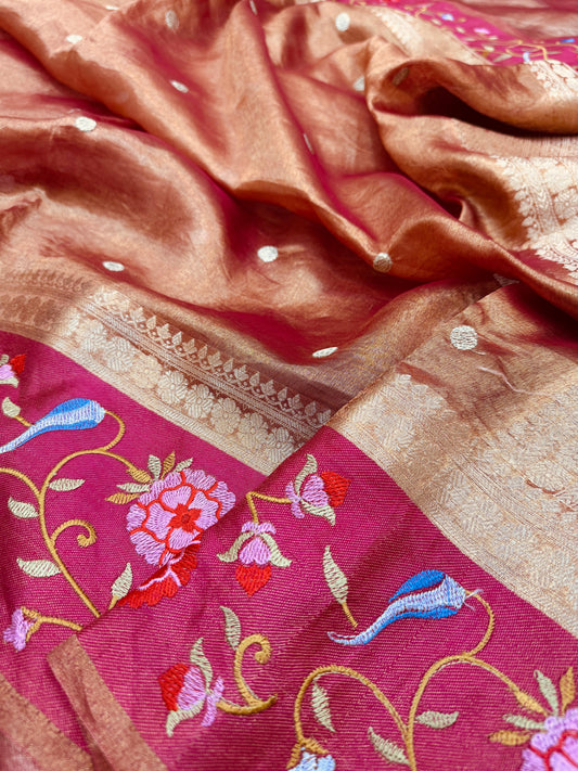 Pure Banarasi Tissue Silk Buti Satin Border Embroidery Saree