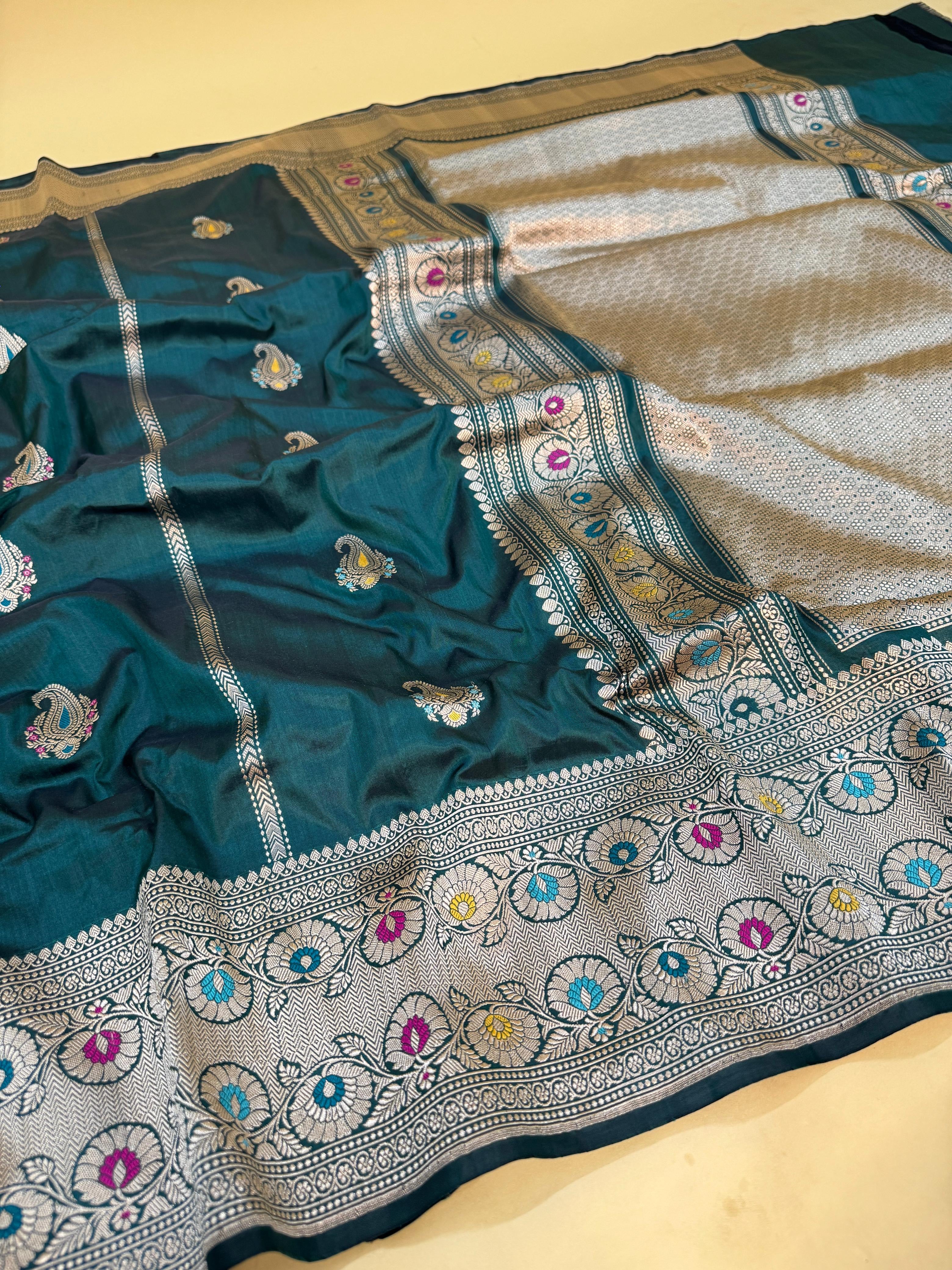 Bottle Green Katan Silk Stripe Buti Saree