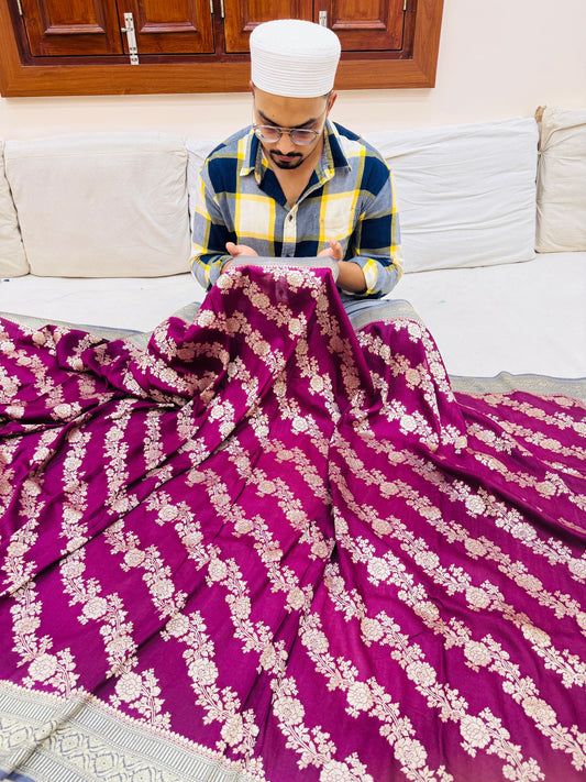 Pure Banarasi Munga Silk Cross Weaved Saree
