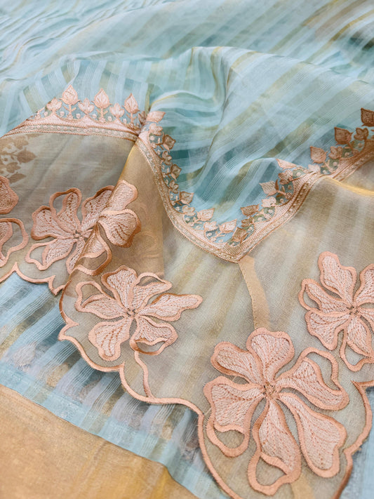 Kora Tissue Silk Stripes with Border Patchwork Saree