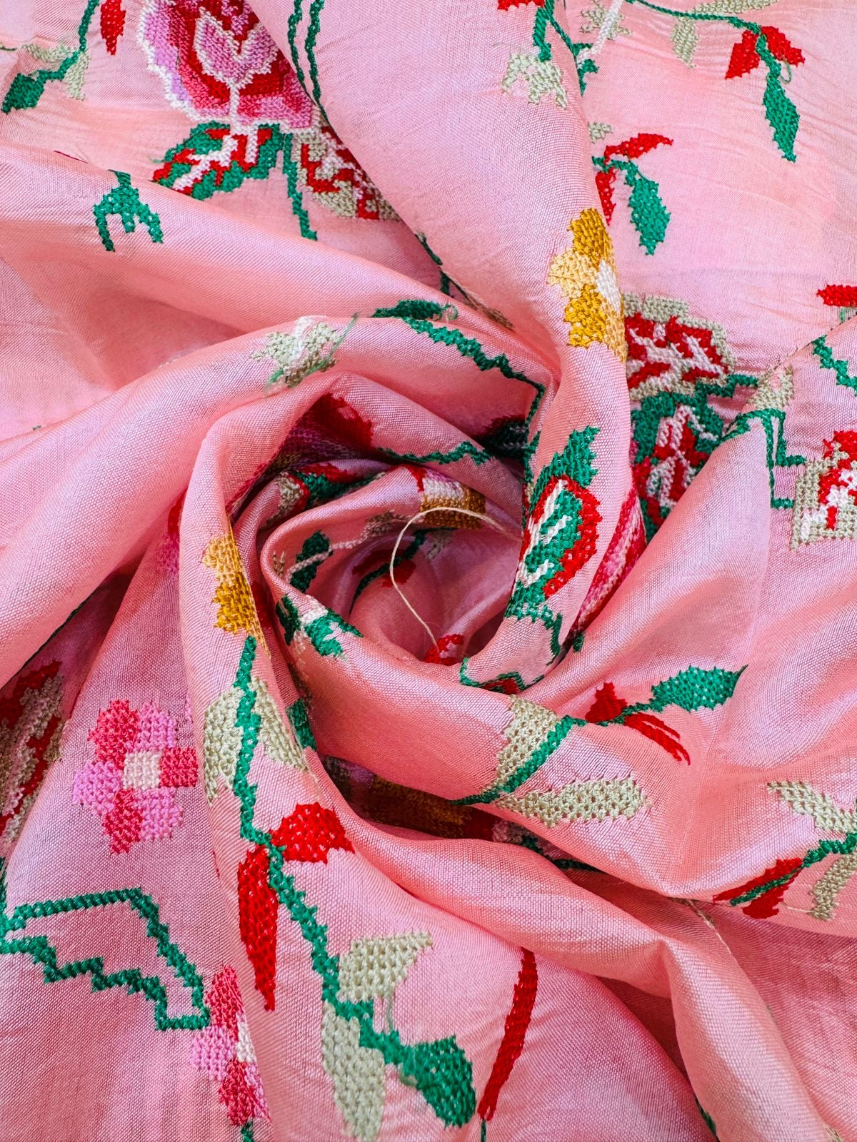Peach Kora Tissue Stripe Cross Embroidery Saree