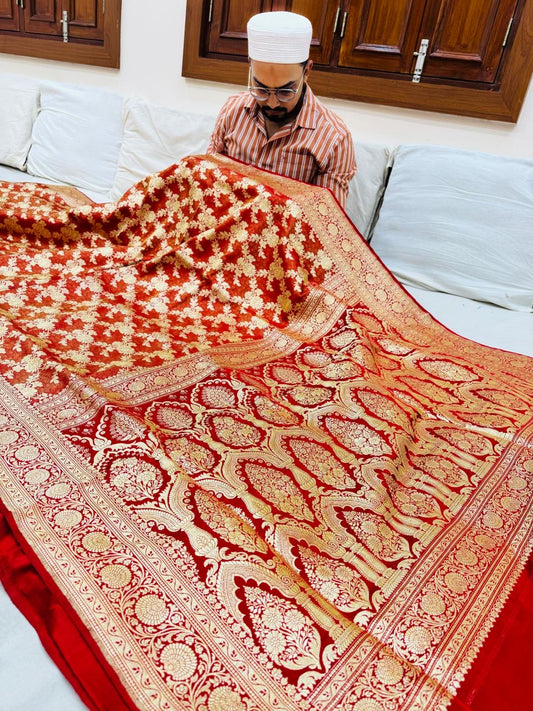 Pure Banarasi Satin Silk Waskat Jaal Saree