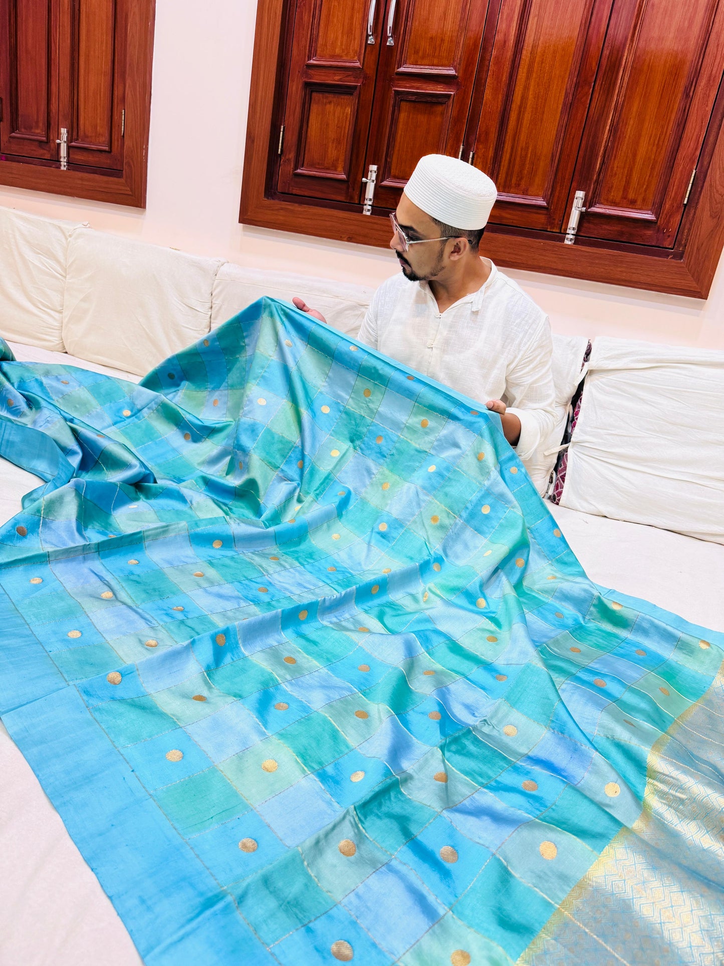 Pure Banarasi Dupion Silk Check Buti Saree With Satin Border