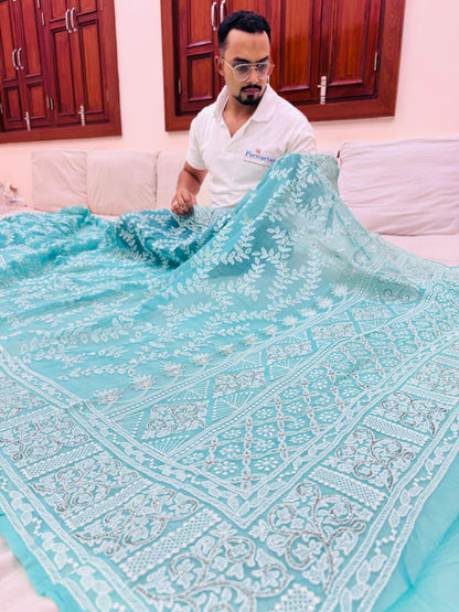 Pure Banarasi Kora Silk Chikankari Embroidery Saree
