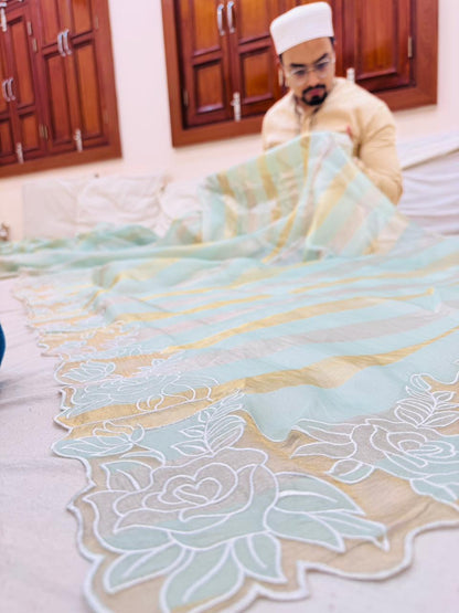 Pure Banarasi Tissue Silk Strips Sarees With Applique Work