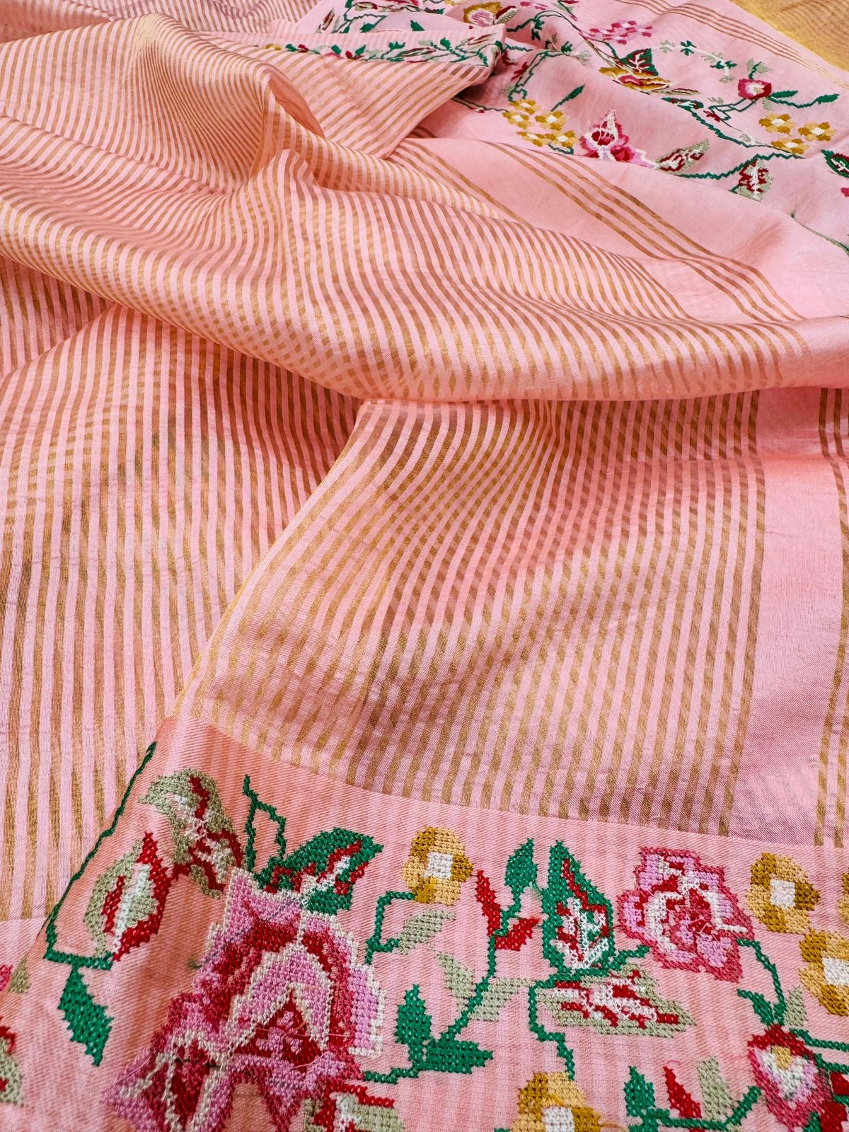Peach Kora Tissue Stripe Cross Embroidery Saree