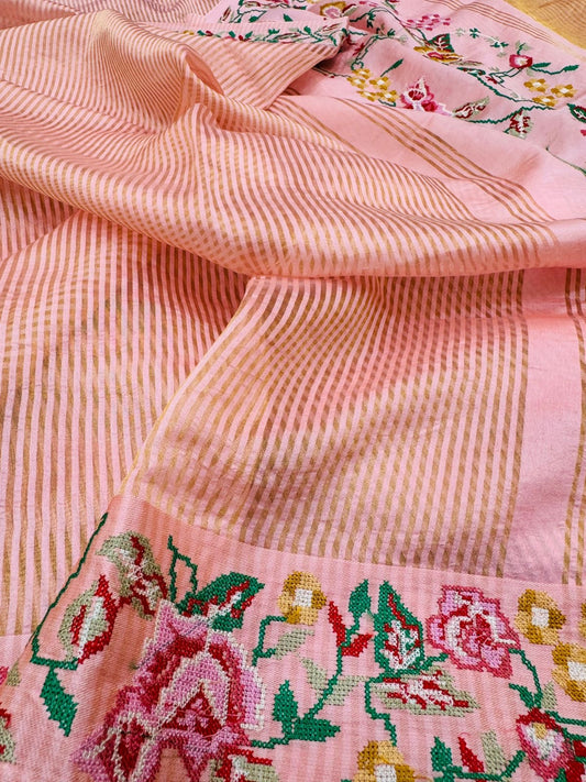 Pure Banarasi Kora Tissue Stripe Cross Embroidery Saree