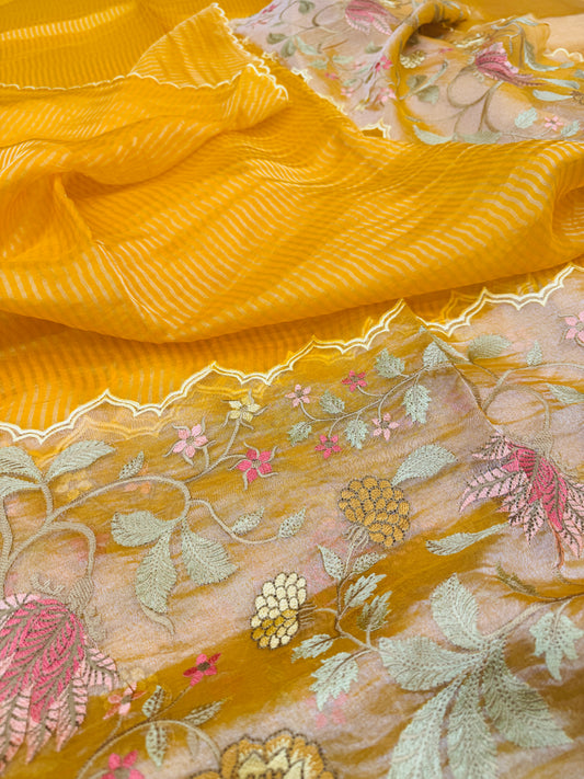 Pure Banarasi Kora Tissue Patch Work Embroidery Saree