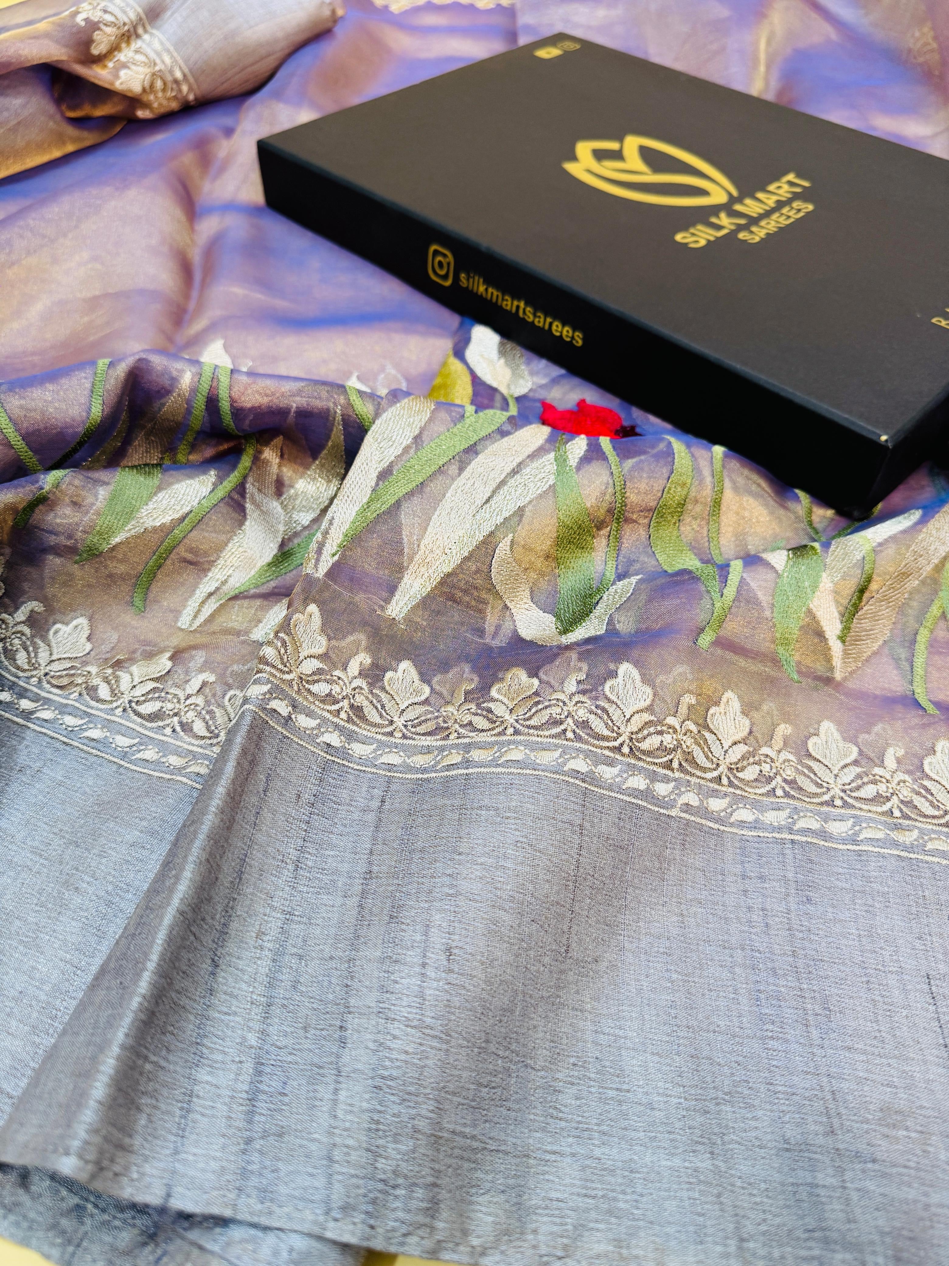 Tissue Embroidery Tasar Border Saree