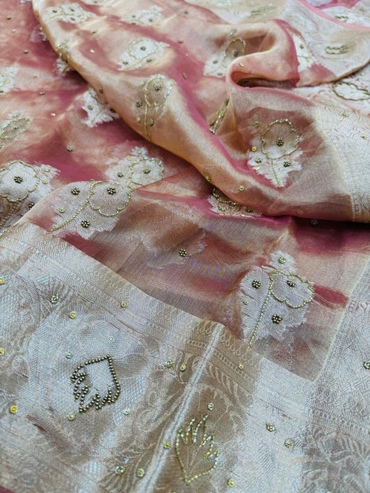 Pure Banarasi Tissue Cutdana Hand Embroidery Saree