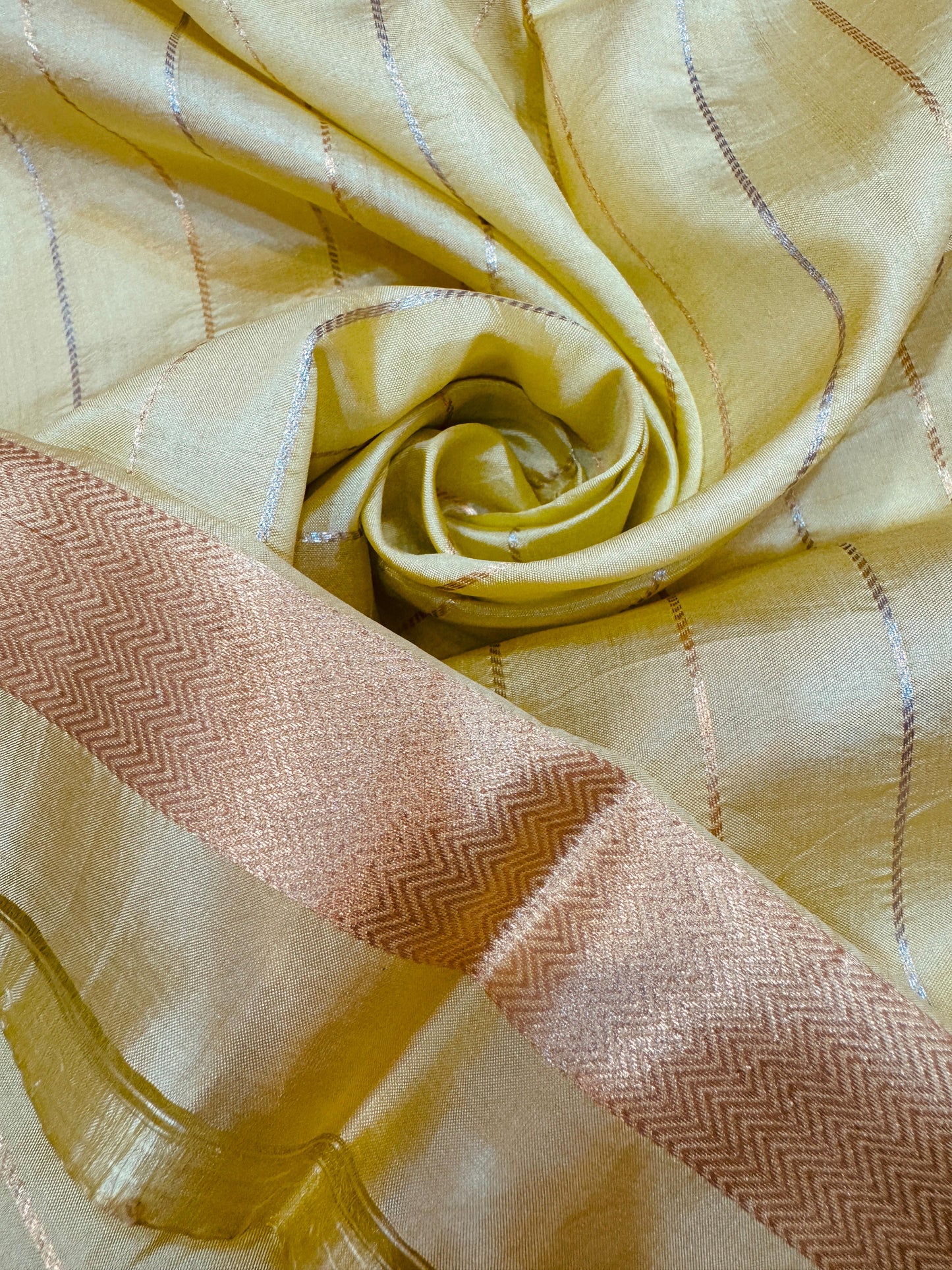 Pure Banarasi Dupion Silk Strips Satin Border Saree