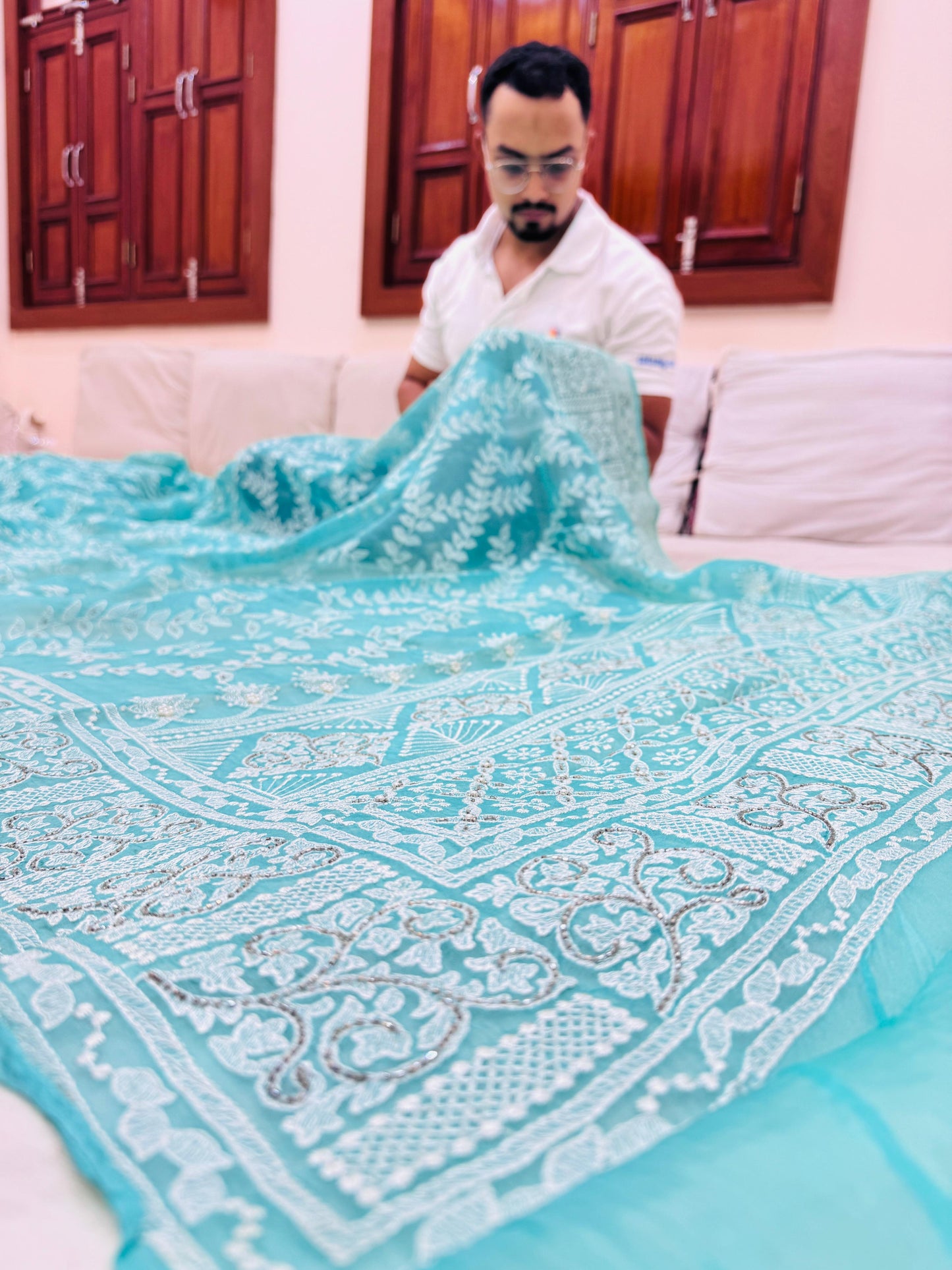 Pure Banarasi Kora Silk Chikankari Embroidery Saree