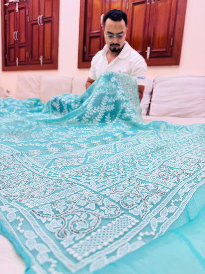 Pure Banarasi Kora Silk Chikankari Embroidery Saree