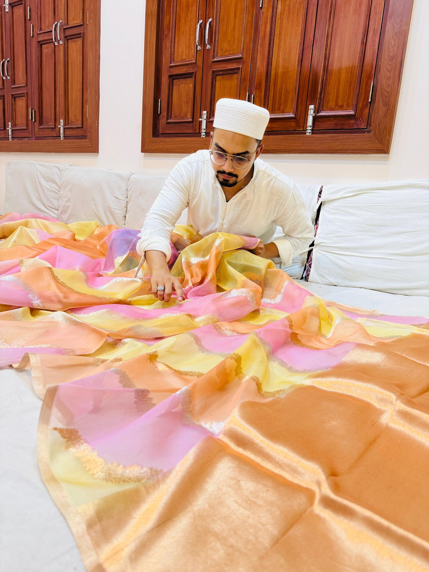 Pure Banarasi Organza Silk Rangkaat Half and Half Saree