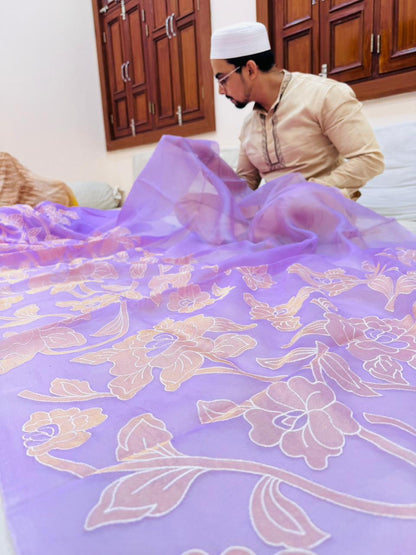 Pure Banarasi Kora Tissue Silk Applique Work Saree