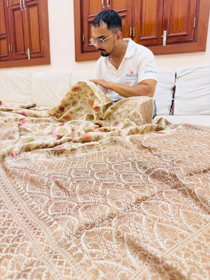 Pure Banarasi Natural Munga Silk Mina Jaal Saree