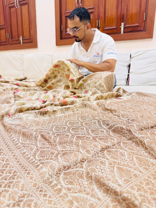 Pure Banarasi Natural Munga Silk Mina Jaal Saree