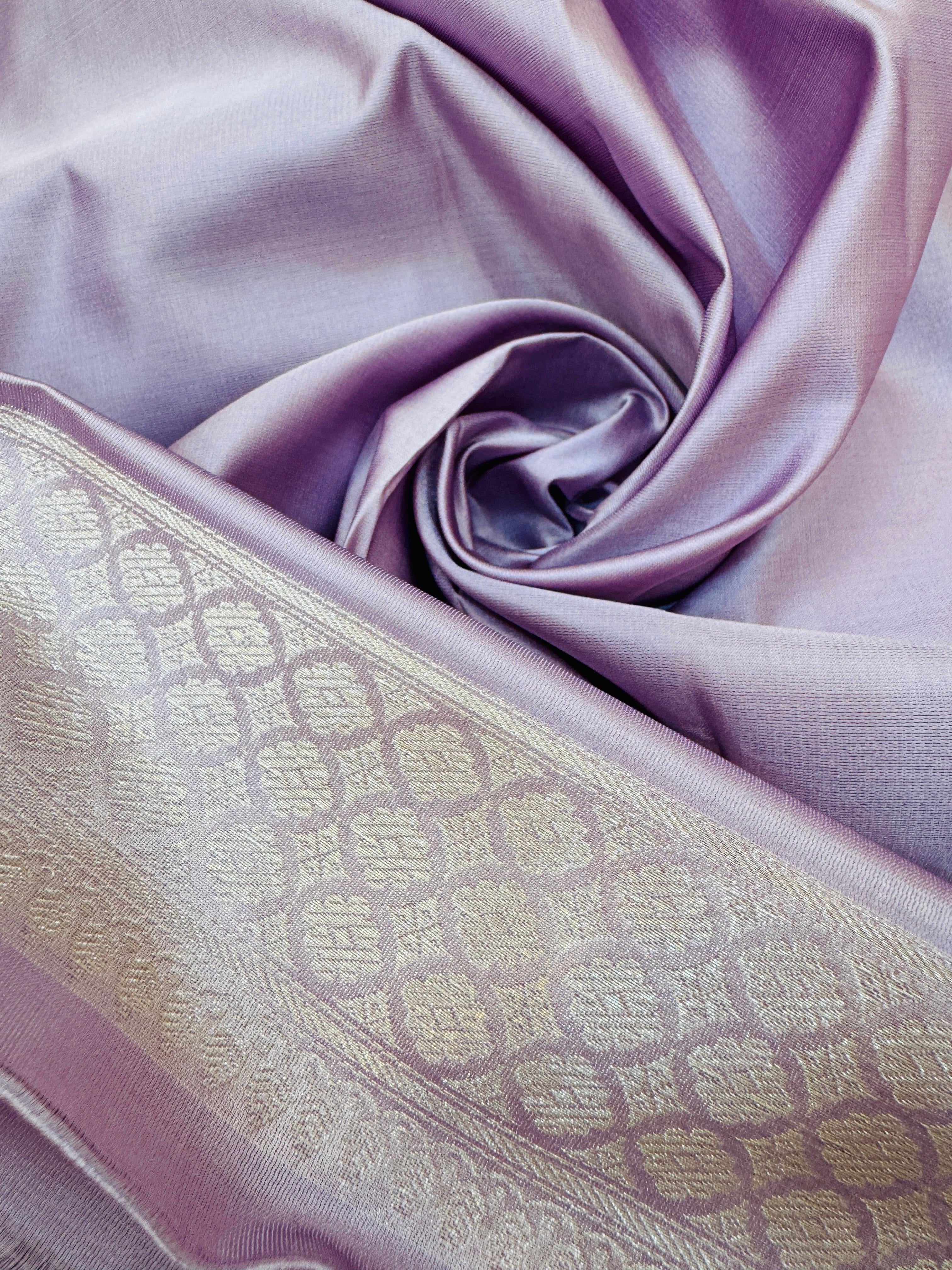 Pure Banarasi Satin Silk Silver Zari  Geometric Pattern Saree
