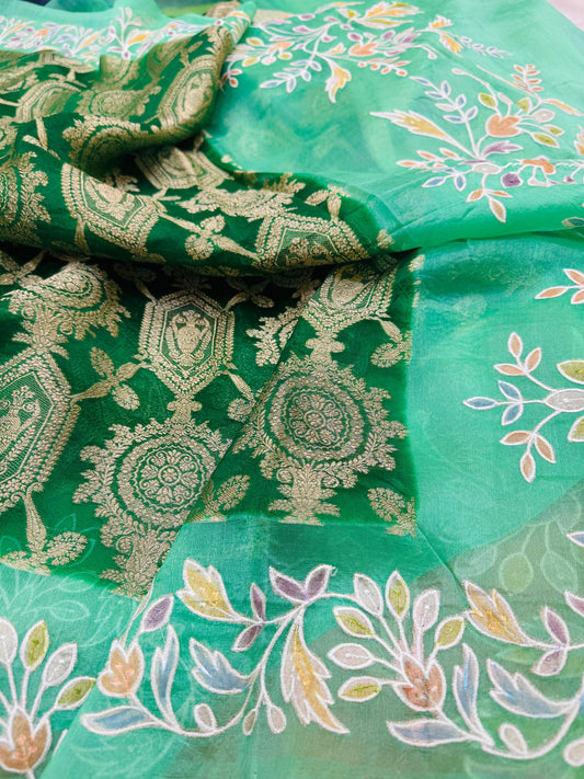 Pure Banarasi Kora Silk Embroidery Handbrush Saree