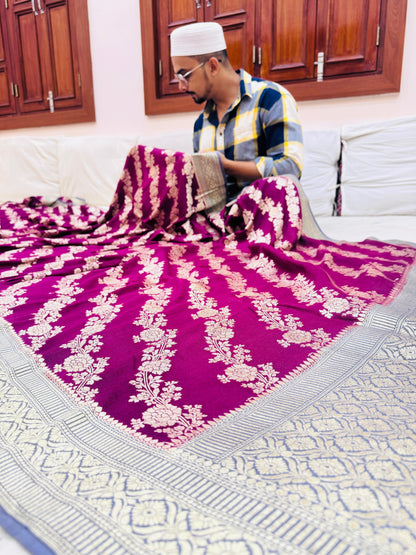 Pure Banarasi Munga Silk Cross Weaved Saree