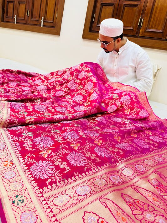 Pure Banarasi Katan Silk Mina Jaal Saree