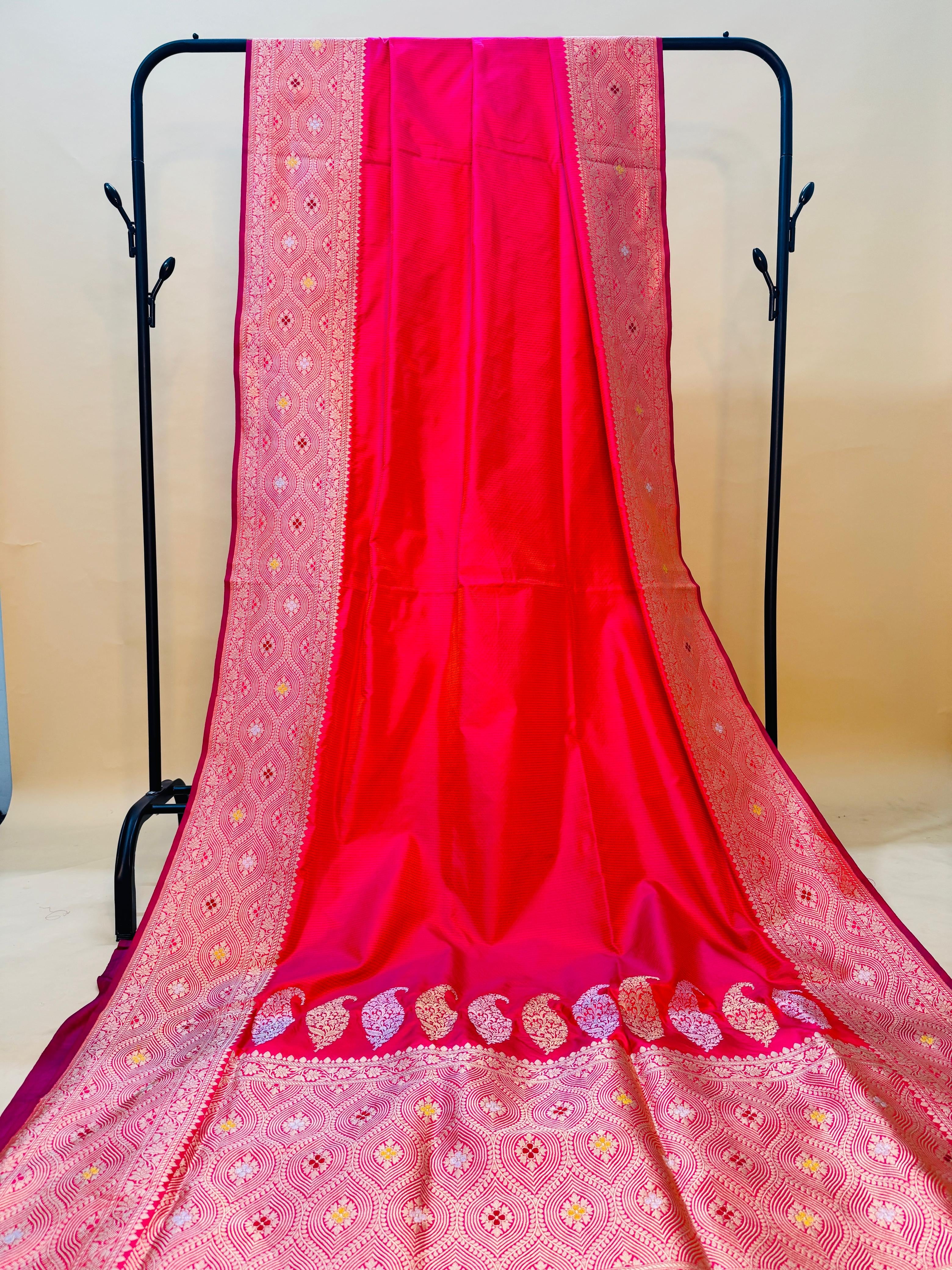 Hot Pink Katan Silk Tanchoi Skirt Mina Border Saree