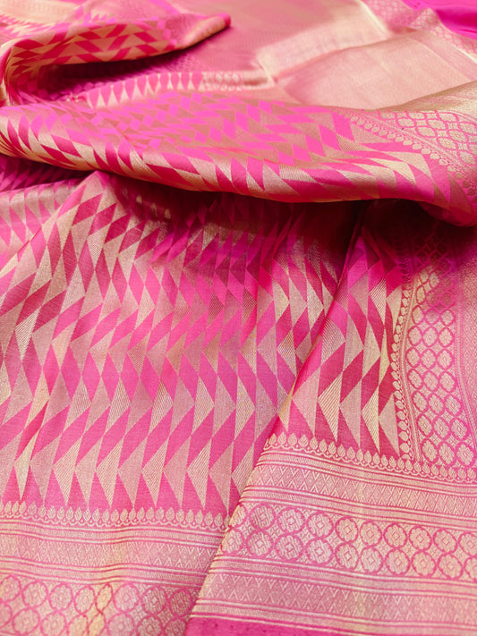 Pure Banarasi Satin Silk Silver Zari  Geometric Pattern Saree