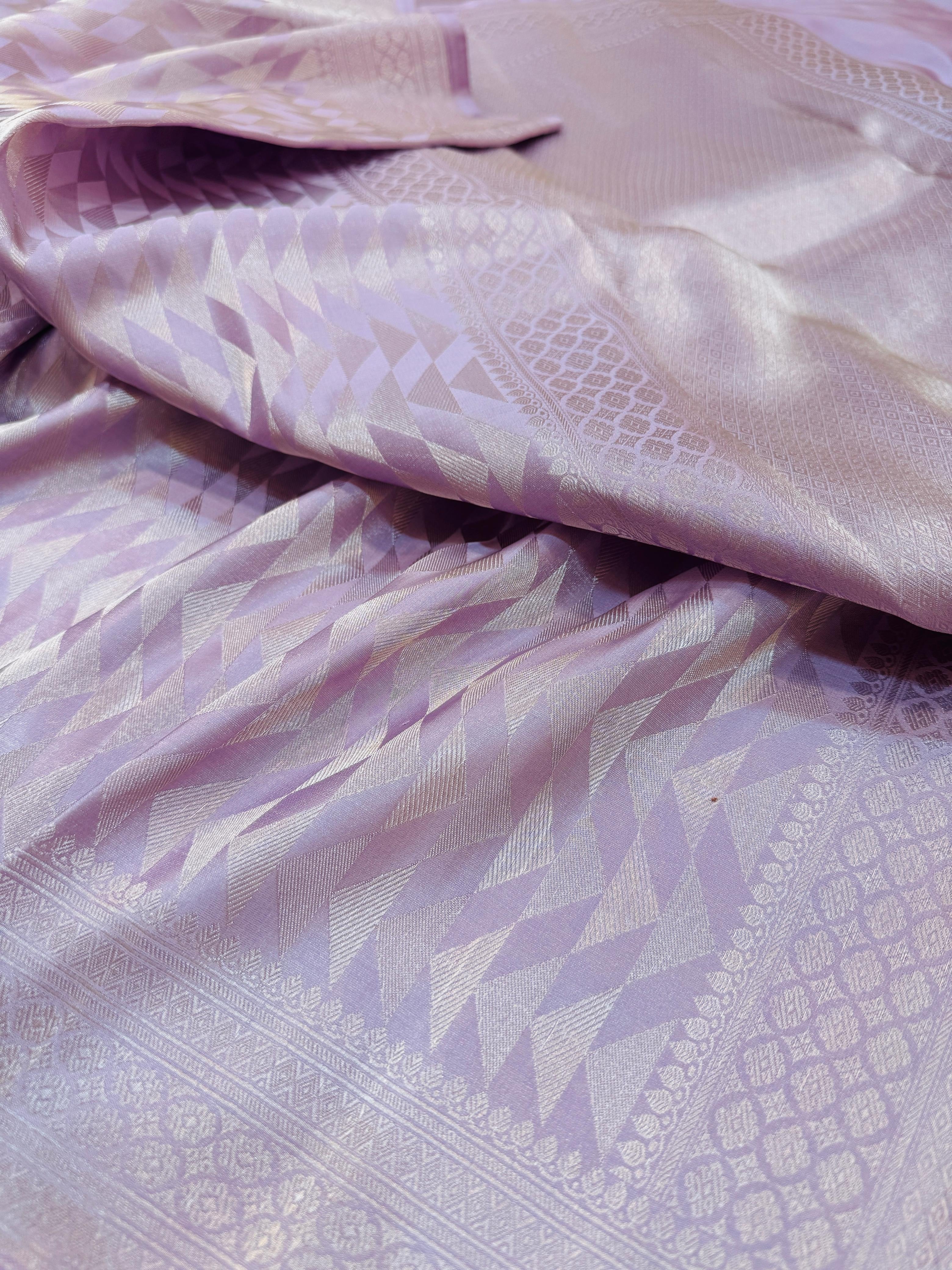 Pure Banarasi Satin Silk Silver Zari  Geometric Pattern Saree