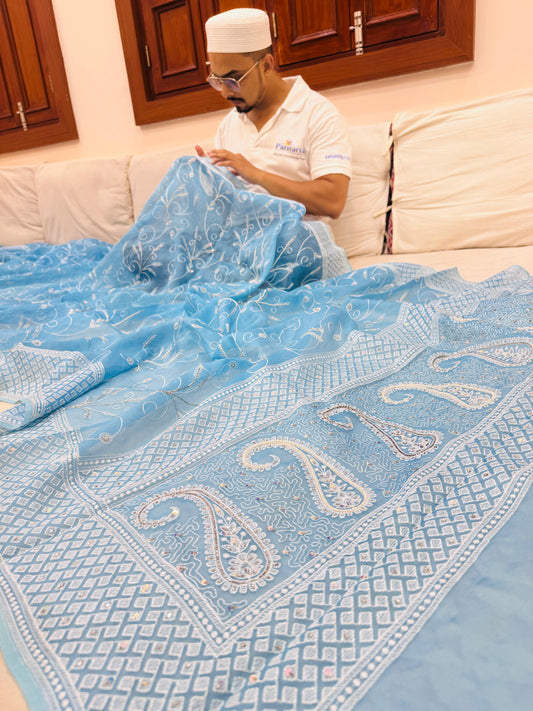 Pure Banarasi Kora Silk Chikankari Embroidery Saree