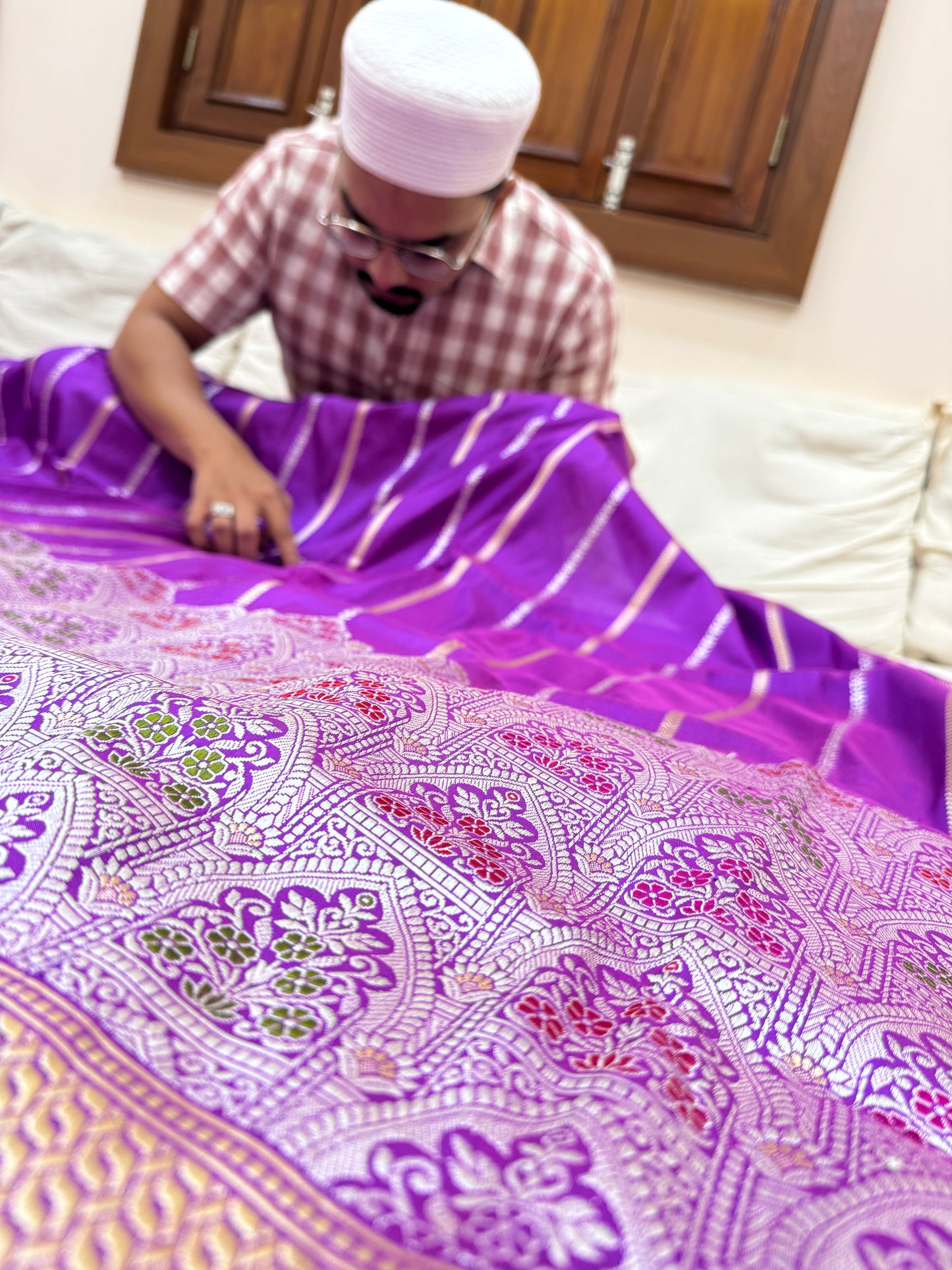 Pure Banarasi Katan Silk Mehrab Stripe Saree