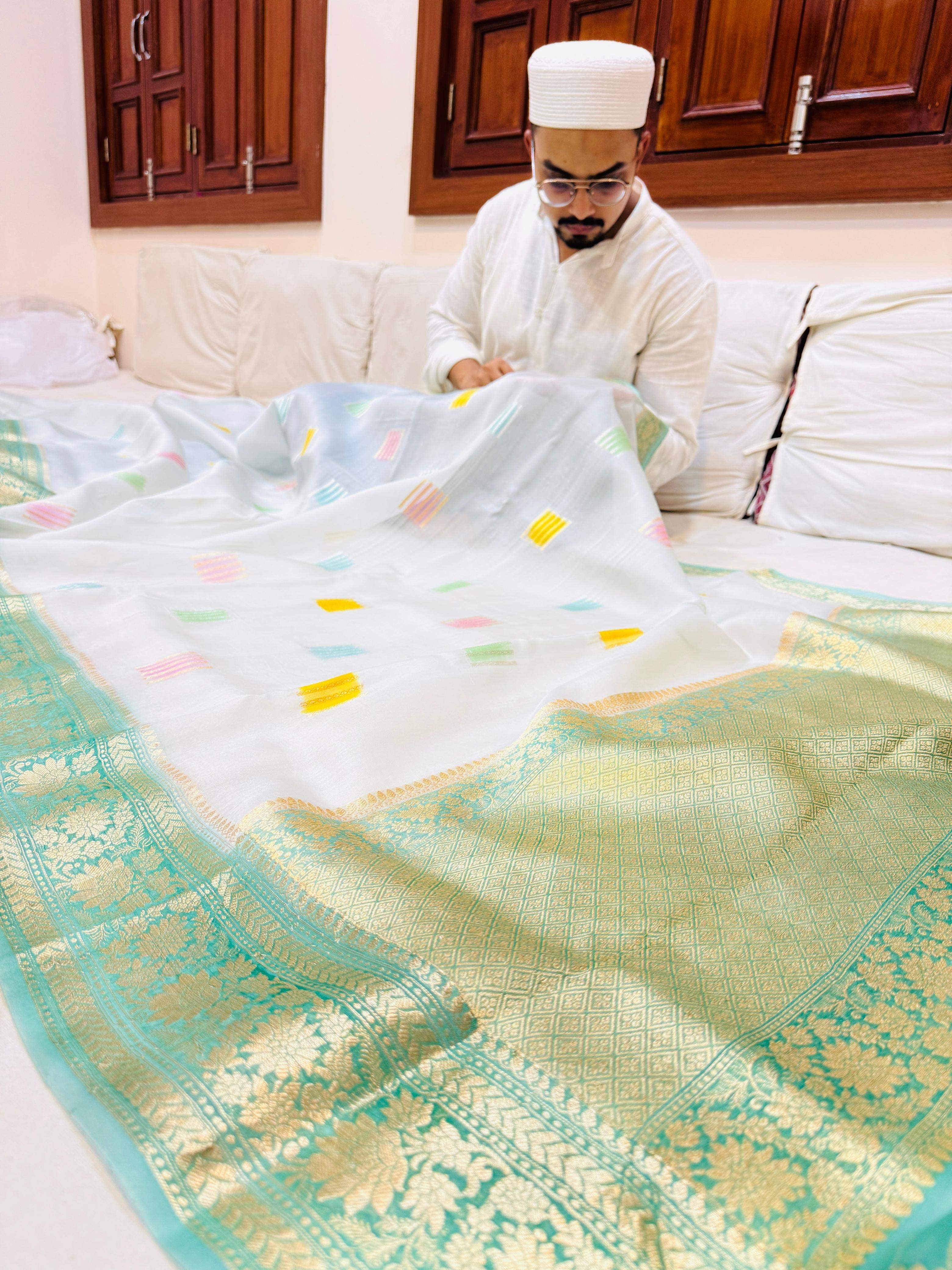 Sea Green Organza Silk Kadhwa Buta Handbrush Saree