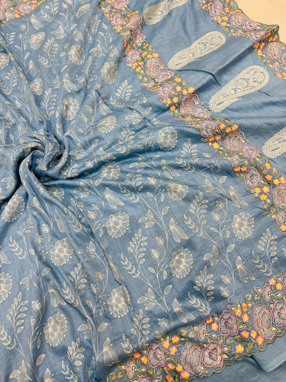 Pure Banarasi Tasar Silk Embroidery Saree