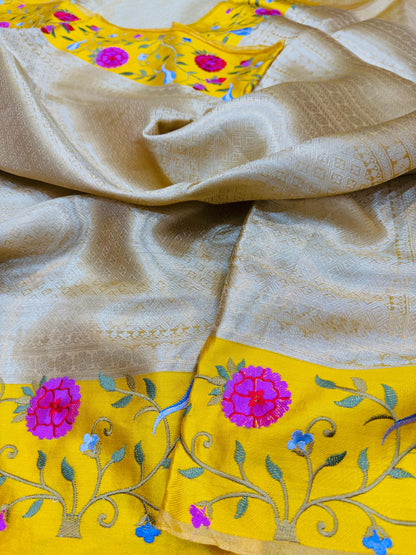 Pure Banarasi Tissue Silk Satin Border Embroidery Saree