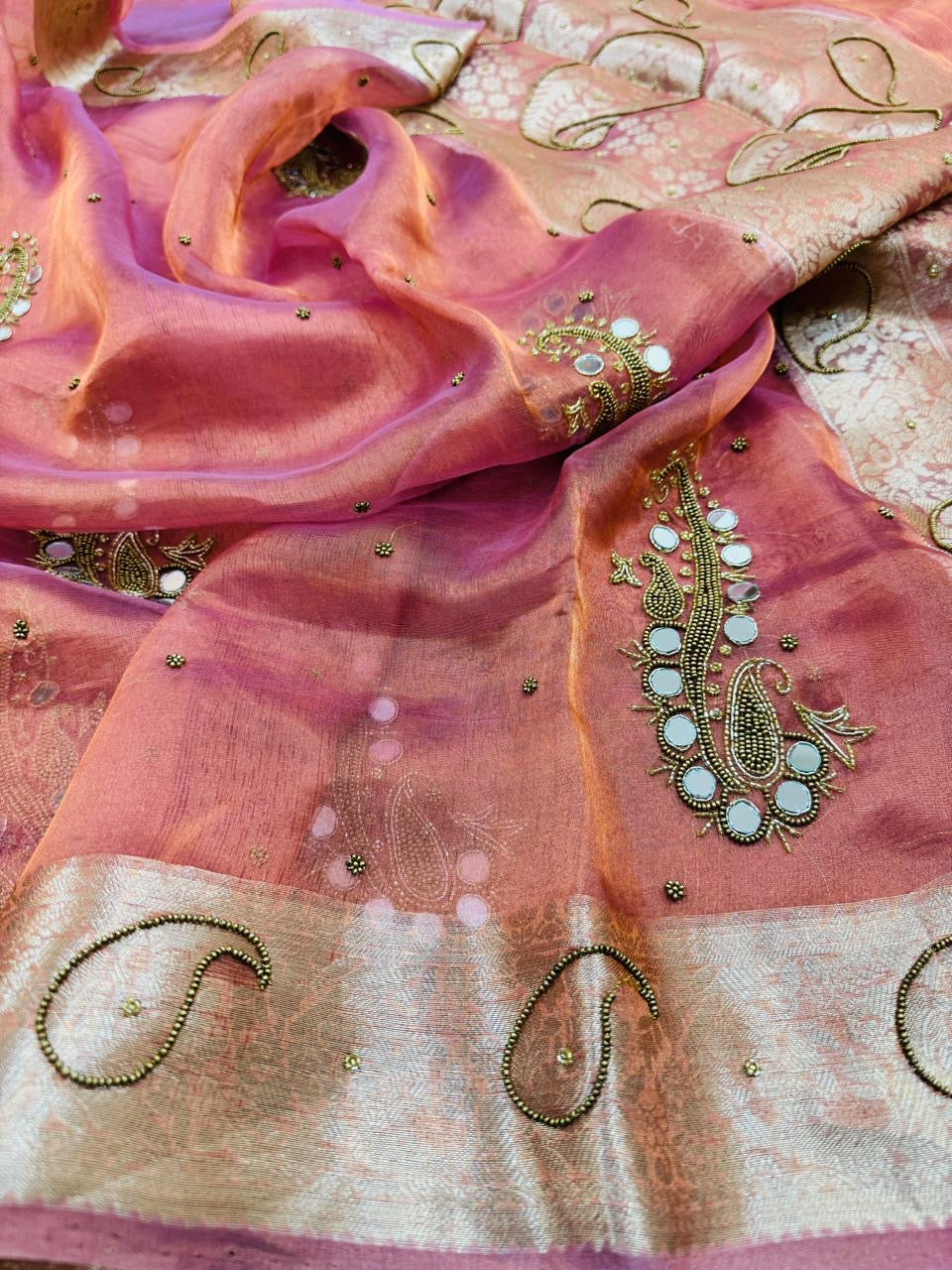 Pure Banarasi Tissue Mirror Work Embroidery Saree