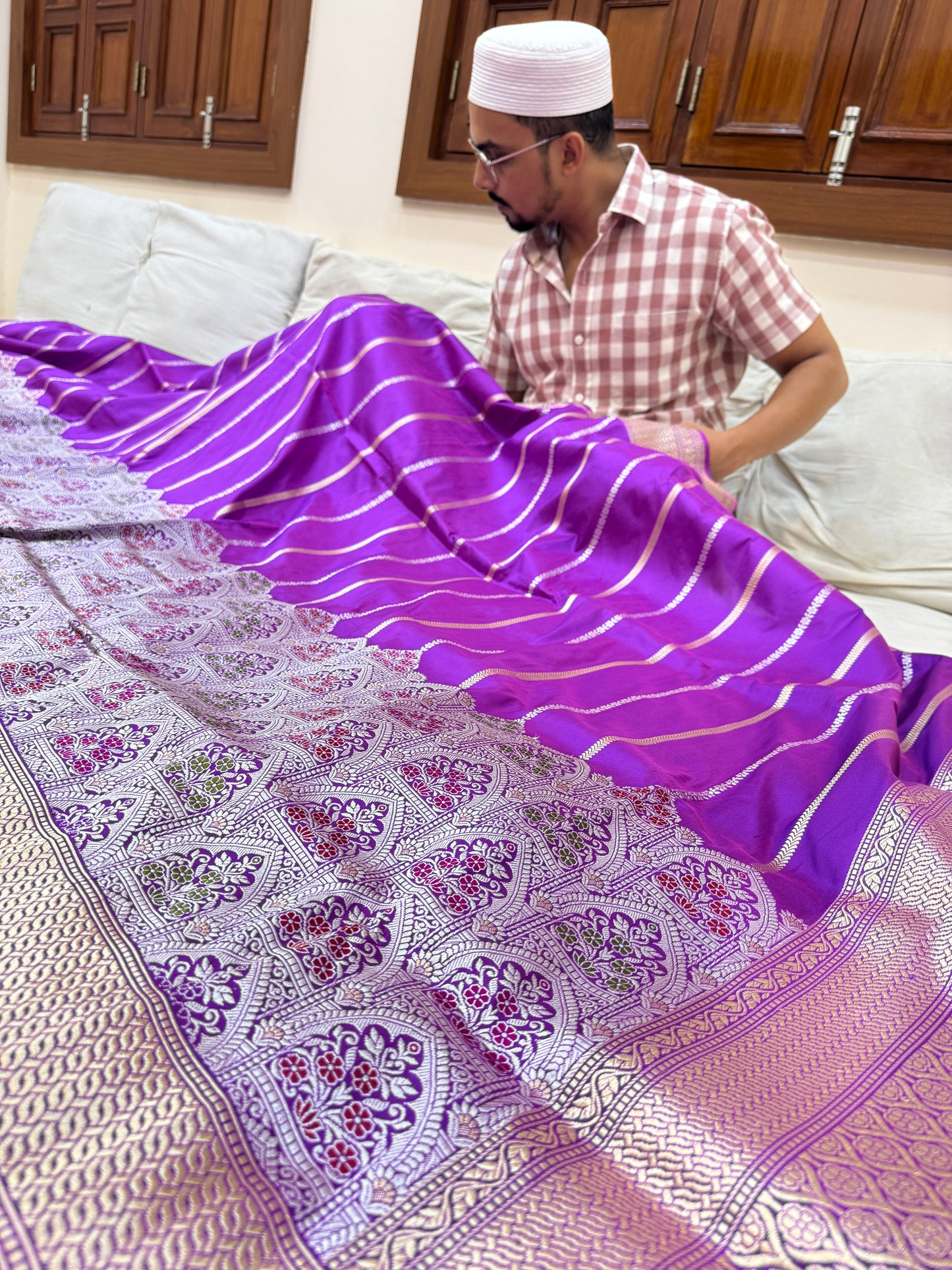 Pure Banarasi Katan Silk Mehrab Stripe Saree