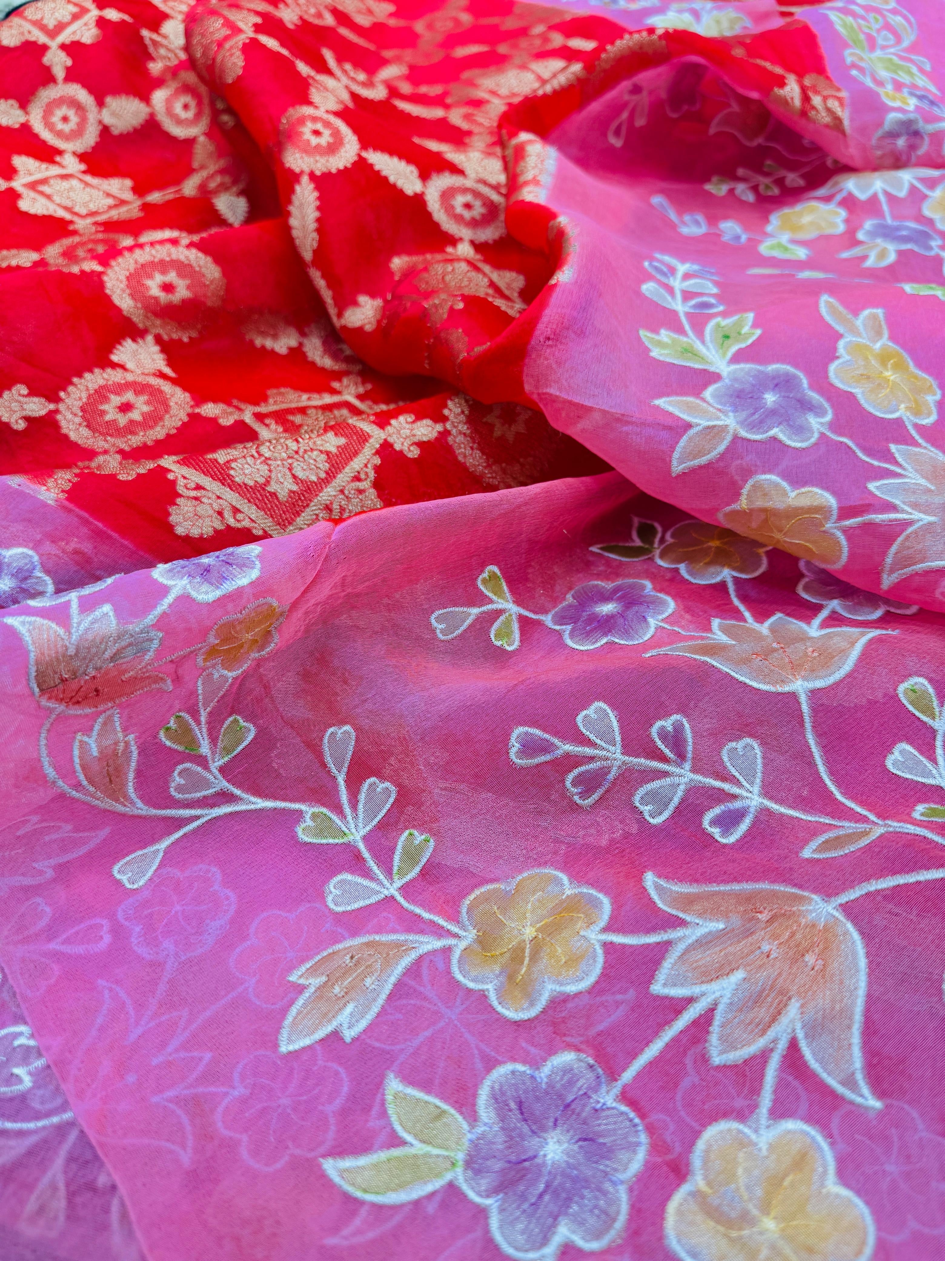 Pure Banarasi Kora Silk Embroidery Handbrush Saree