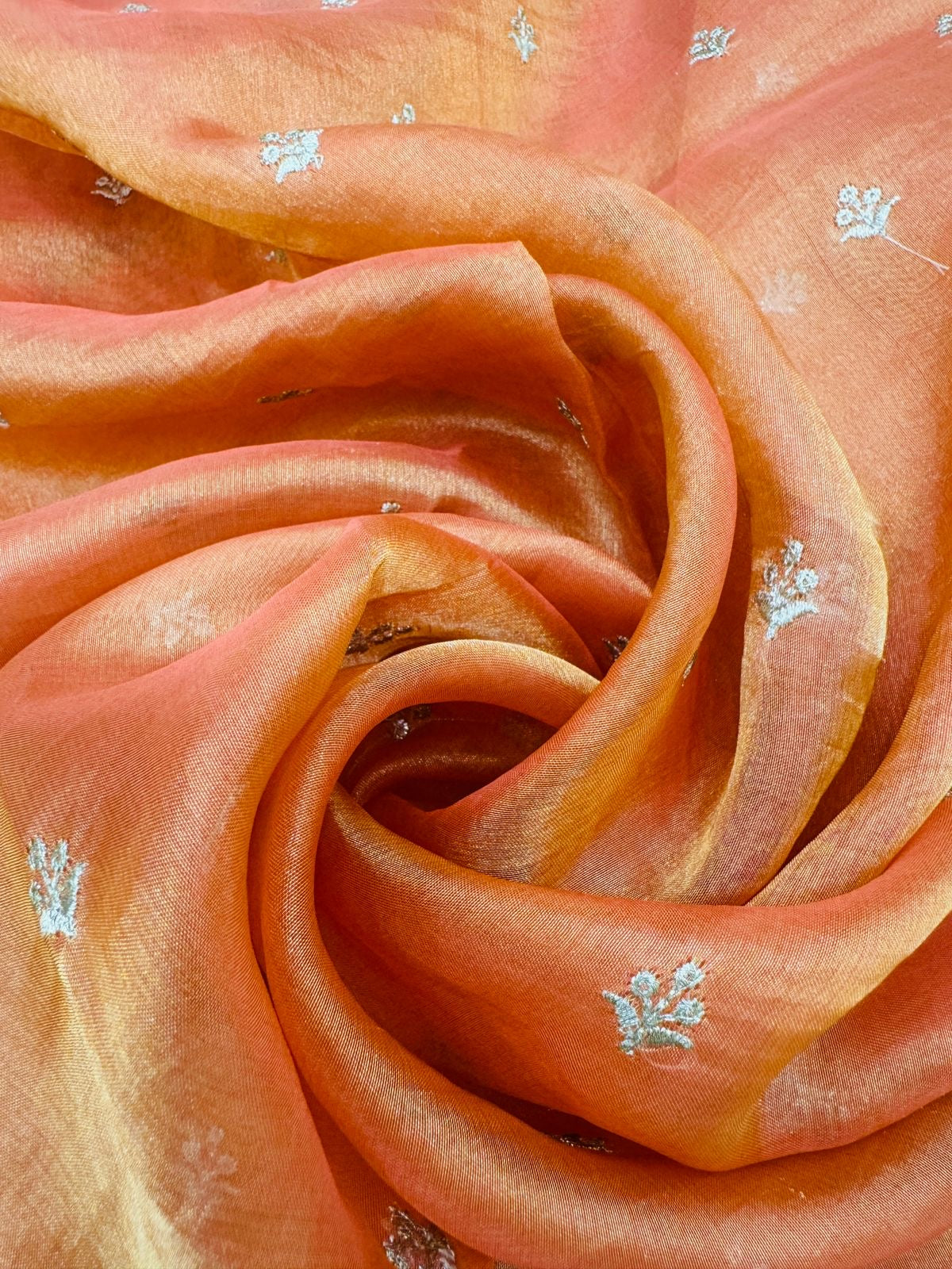 Burnt Orange Tissue Silk Jaal Cross Embroidery Saree