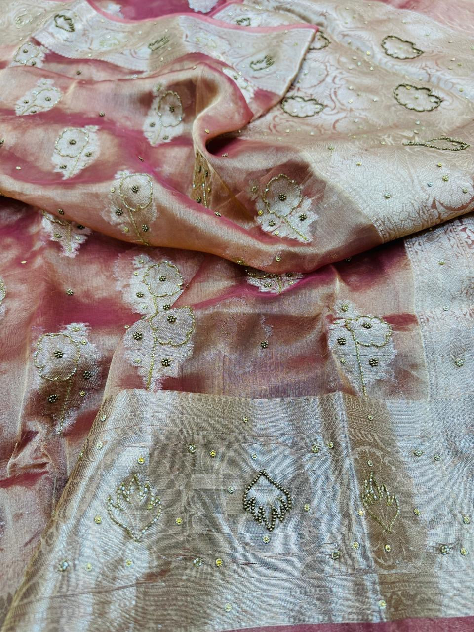 Pure Banarasi Tissue Cutdana Hand Embroidery Saree