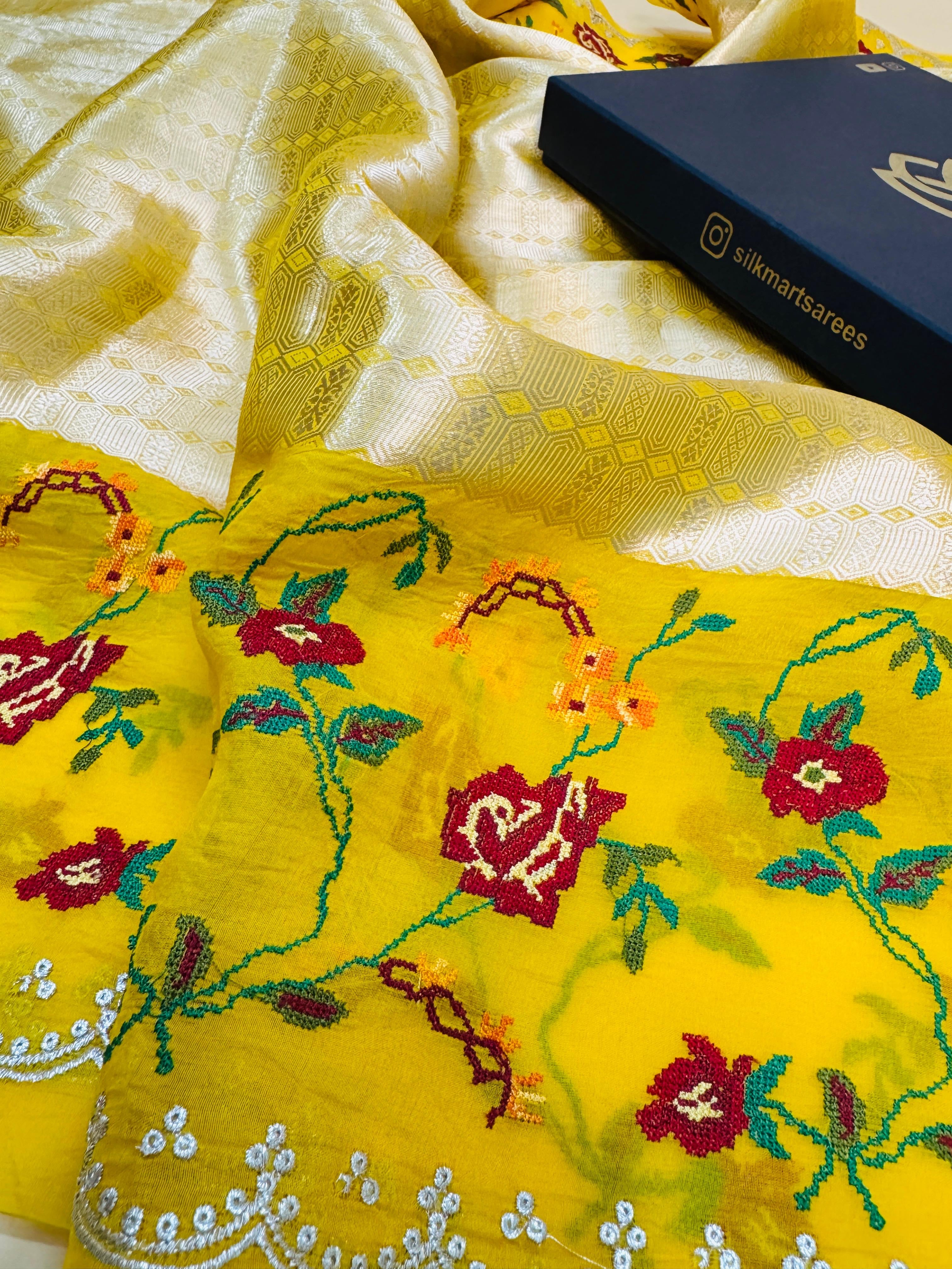 Tissue Brocade Cross Stitch Embroidery Saree