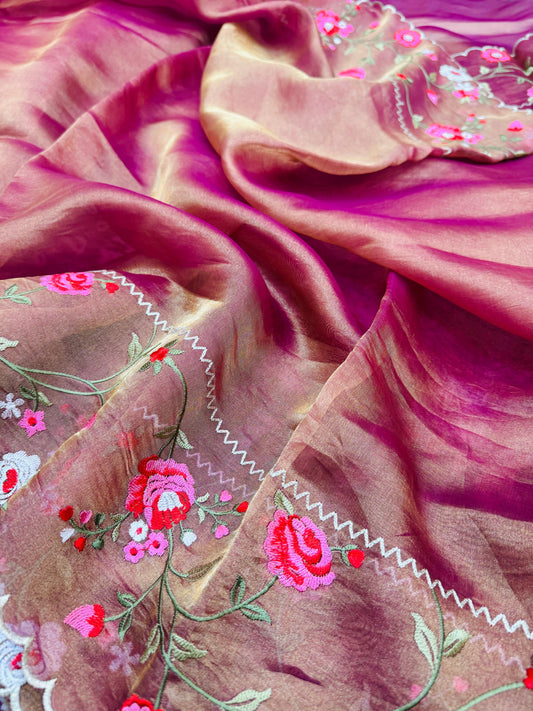 Pure Banarasi Tissue Silk Satin Border Embroidery Saree