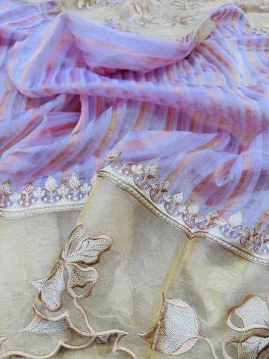 Kora Tissue Silk Stripes with Border Patchwork Saree