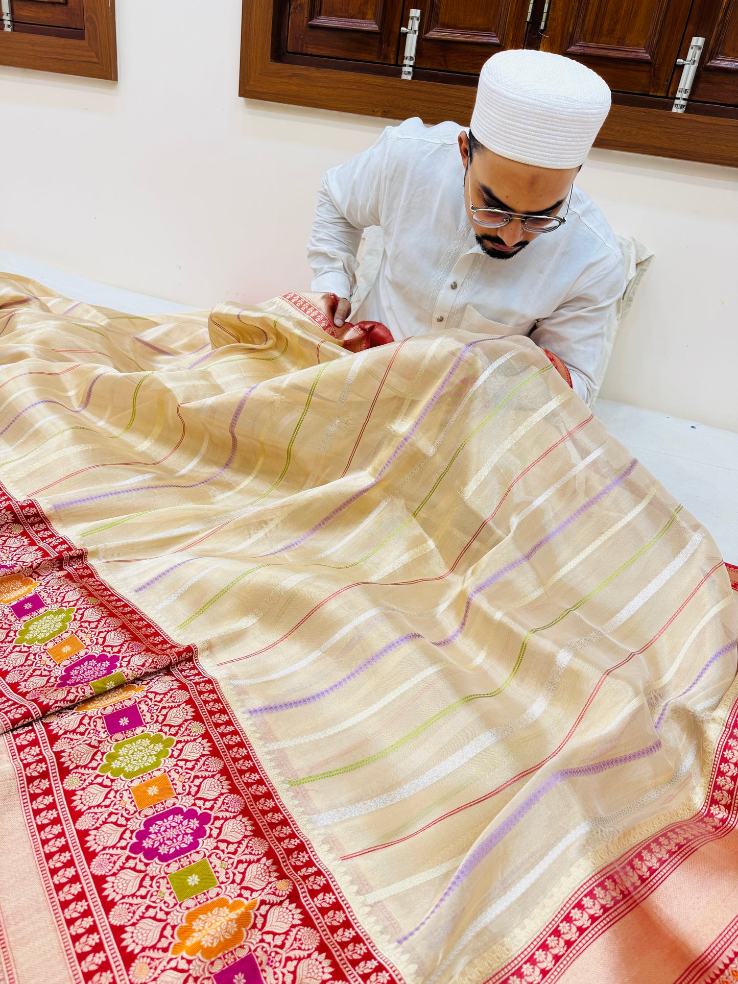 Pure Banarasi Kora Tissue Silk Stripe Saree