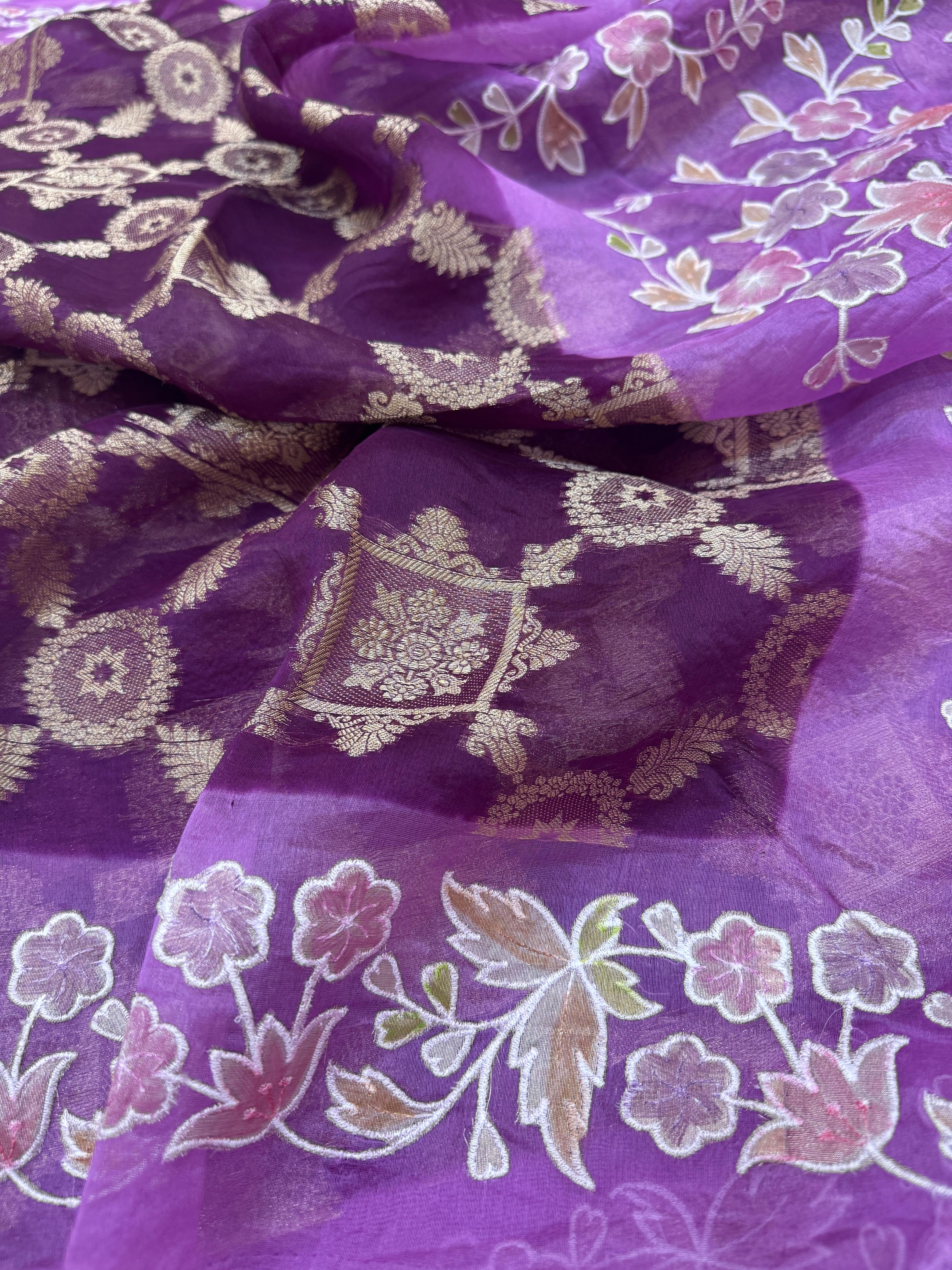 Pure Banarasi Kora Silk Embroidery Handbrush Saree