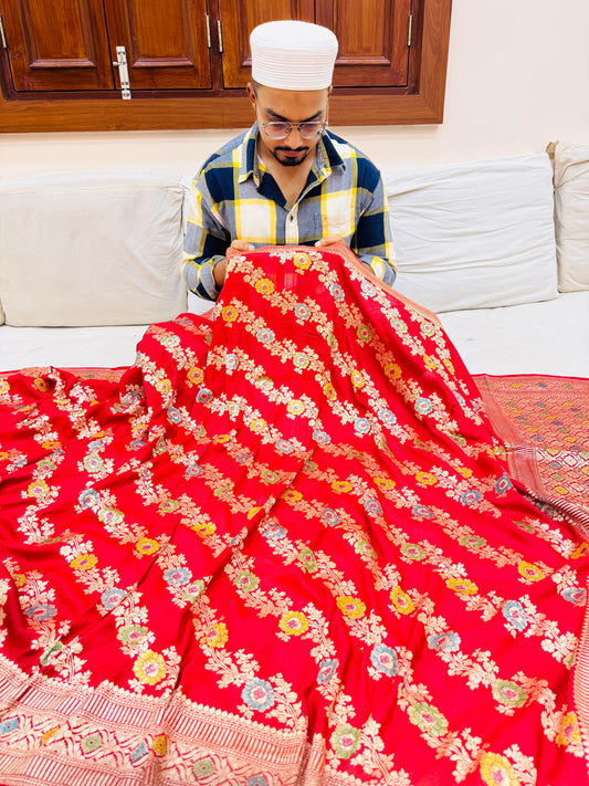 Pure Banarasi Munga Silk Cross Weaved Handbrush Saree