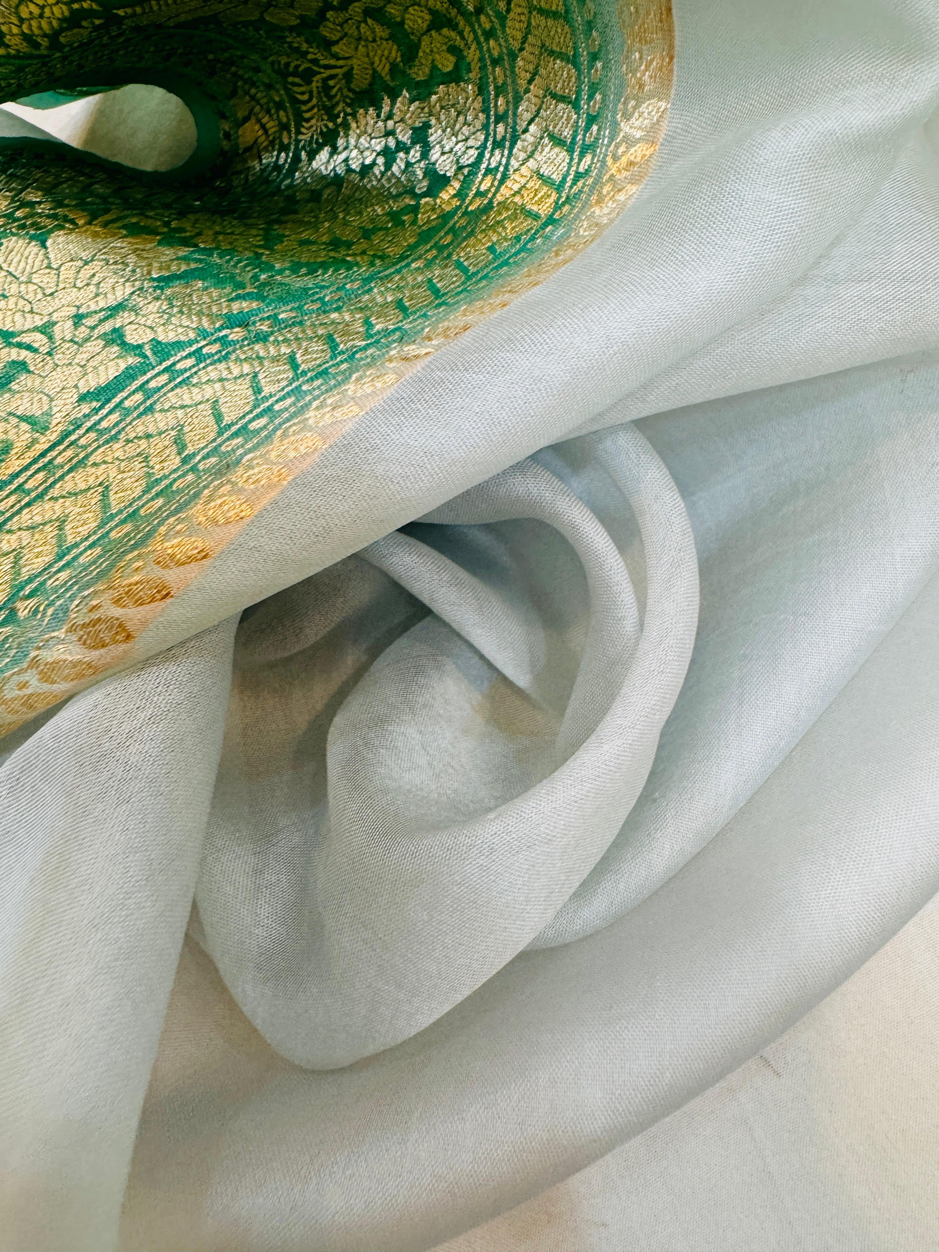 Sea Green Organza Silk Kadhwa Buta Handbrush Saree