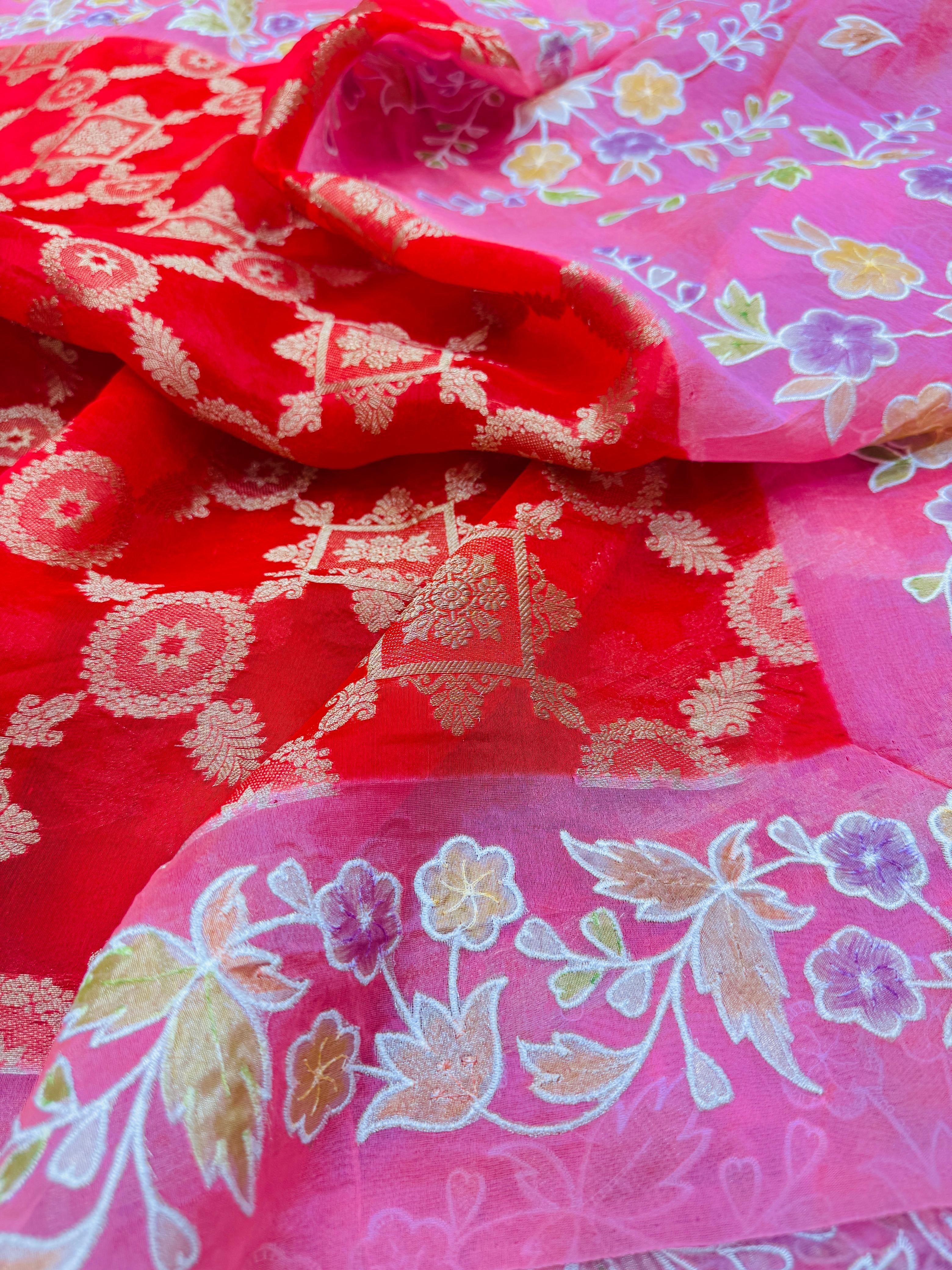 Pure Banarasi Kora Silk Embroidery Handbrush Saree